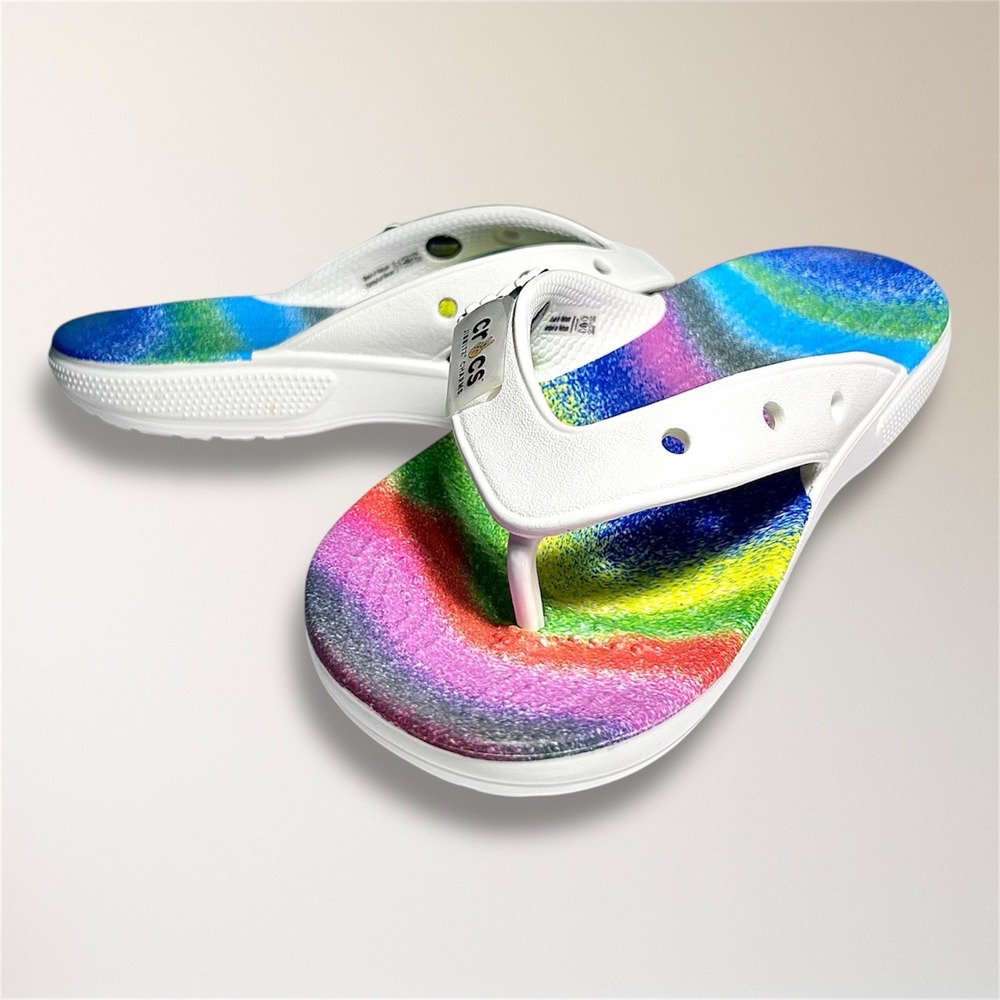 NWT Crocs Classic Flip Rainbow White Spray Tie Dye Sandals Men's 4 Beach Travel - Picture 2 of 6